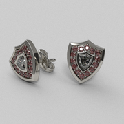 14K white gold Aggie Shield diamond stud earrings with custom shield-shaped lab grown diamond and maroon garnets.